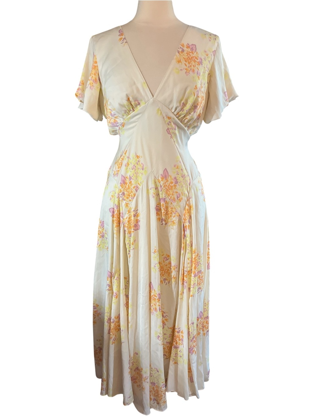 Free People Laura Yellow Maxi Dress w/lavender,orange & Pink Floral Print size L - Picture 3 of 17